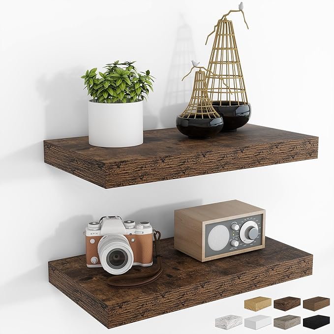 RICHFOCUS 16Inch Floating Shelves for Wall 2 Pack Shelves for Bedroom|Kitchen|Bathroom Wall Mounted Rustic Wood Floating Shelf with Invisible Brackets for Books|Storage|Decor, Rustic Brown