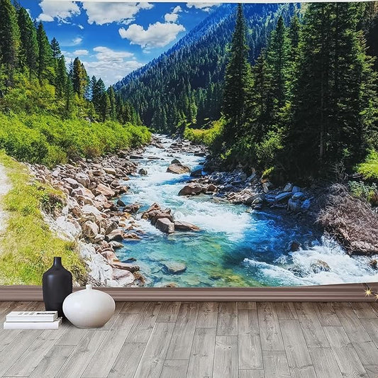 Nature Forest Mountain Tapestry Green Pine Tree Stream Tapestry White Clouds Flowing River Valley Landscape Scenery Tapestries Wall Hanging for Bedroom Dorm Living Room Office Classroom 60 x 40 Inch