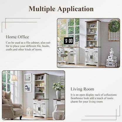 RedLemon Bookshelf with Storage Cabinet, 72" Tall Farmhouse Bookcase with Adjustable Shelves and Barn Door, 4 Tier Office Wood Bookshelf with Drawer for Office Library Living Room (Antuique White)