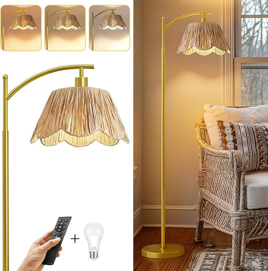 Oneach Boho Floor Lamp with 3 Color Temperatures, Farmhouse Floor Lamps for Living Room with Remote & Dimmable Bulb, Rattan Floor Lamp for Bedroom, Gold