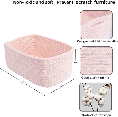 Small Woven Storage Baskets 12“X8”X5“ Decorative Rope Bins for Organizing Shelves, Closets, and Toys, Empty Gift Baskets, Cute Organizer Basket for Home and Office (pink, regular)