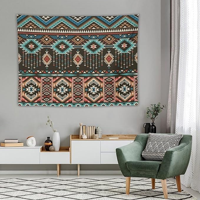 HZOHNAGO Aztec Tapestry Turquoise Blue and Brown and Native American Tribal Pattern Printed Wall Tapestry Wall Hanging for Bedroom Living Room Dorm 80" W x 60" H