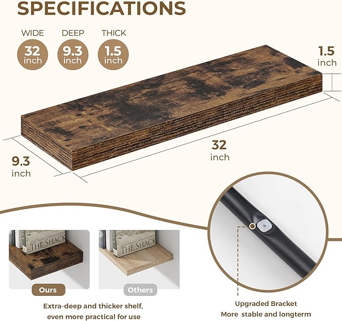 32 Inches Floating Shelves for Wall, 9.3" Deep Long Floating Shelves Set of 2, Large Display & Storage Shelf, Wall Shelf for Bathroom Bedroom Living Room Kitchen Office, Rustic Brown
