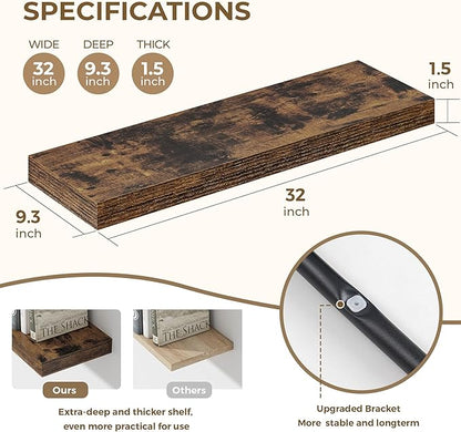 32 Inches Floating Shelves for Wall, 9.3" Deep Long Floating Shelves Set of 2, Large Display & Storage Shelf, Wall Shelf for Bathroom Bedroom Living Room Kitchen Office, Rustic Brown