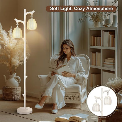 Scenekoy Rustic 68” Tall Floor Lamp with Rattan Shade, Retro Standing Lamp Tree Trunk Washed White Finish & Resin Body, Dimmable Corner Lamp with Bulb Prefer for Living Room Bedroom Home Decor