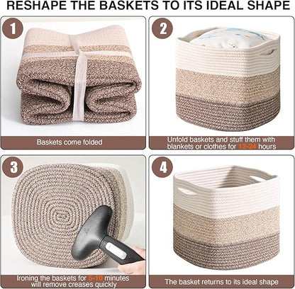 11 Inch Cube Storage Bins, Storage Cube Organizer Bins, Woven Cotton Rope Baskets for Storage, Storage Basket for Organizing Shelves, Square Baskets for Toys, Gradient Brown (Pack of 3)