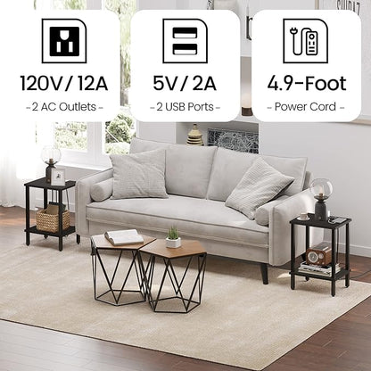 TUTOTAK End Table with Charging Station, Side Table with USB Ports and Outlets, Nightstand, 2-Tier Storage Shelf, Sofa Table for Small Space TB01BK040