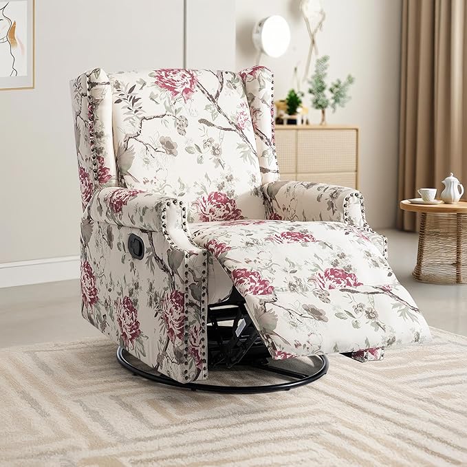 UIXE Swivel Rocker Manual Recliner Chair, Wingback Swivel Glider Fabric Nursery Reclining Sofa Chair, High Back Upholstered Arm Chair for Living Room Bedroom - Beige Floral