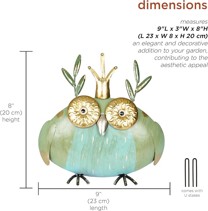 Alpine Corporation MCC808HH Metal Owl Queen, Whimsical Animal Outdoor Décor for Patio, Lawn & Garden, 8"H, Multicolor