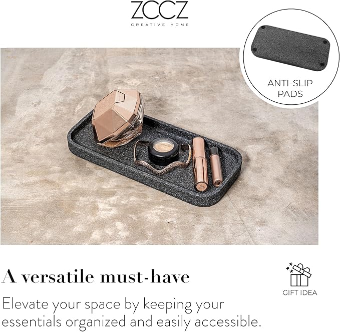 ZCCZ Black Stone Bathroom Accessories Set 6 Pieces - Toothbrush Holder, Lotion Dispenser, Qtip Container, Vanity Tray, Tumbler - Countertop Organizer for Bathrooms - Elegant and Functional Décor Set