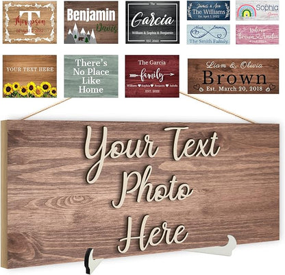 Custom Wood Sign Prsonalized Text Business 3D Home Decor, Personalized Rustic Plaque Board Hanging Wooden Name Sign for Wall Art, Customized Signs Plank Decoration Gifts for Wedding Family Farmhouse Kitchen, Rectangle
