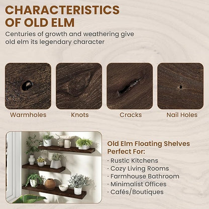 55" Floating Shelves for Wall, Rustic Elm Wood Floating Shelf for Home Decor, Wall-Mounted Display Shelves with Heavy-Duty Bracket, Long Floating Shelf for Bathroom, Kitchen, Living Room, Walnut Color