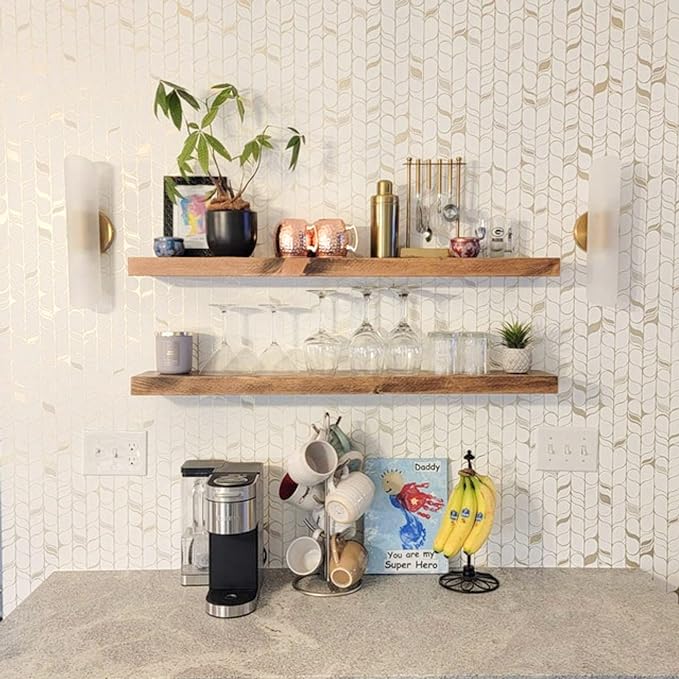 URBANDI, Rustic Floating Shelves, Set of 2, Hidden Bracket, Solid Wood, Heavy Duty, Wall Mounted Shelves, (Brown, 36Wx6D)