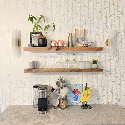 URBANDI, Rustic Floating Shelves, Set of 2, Hidden Bracket, Solid Wood, Heavy Duty, Wall Mounted Shelves, (Brown, 24Wx8D)