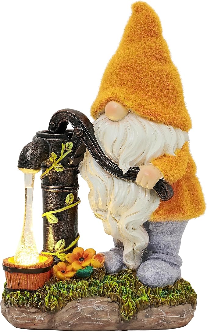TERESA'S COLLECTIONS Fall Decor, Fall Gnomes Decor, Autumn Garden Gnomes Pumping Water with Solar Lights, Waterproof Resin Outdoor Fall Decor, Fall Gifts Outdoor/Indoor,9"