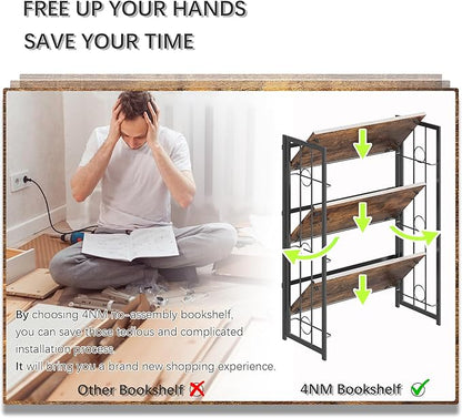 4NM No Assembly 3 Tiers Folding Bookshelf, 35" H Foldable Storage Shelves Vintage Bookcase Standing Racks Study Organizer Home Office - Rustic Brown Black