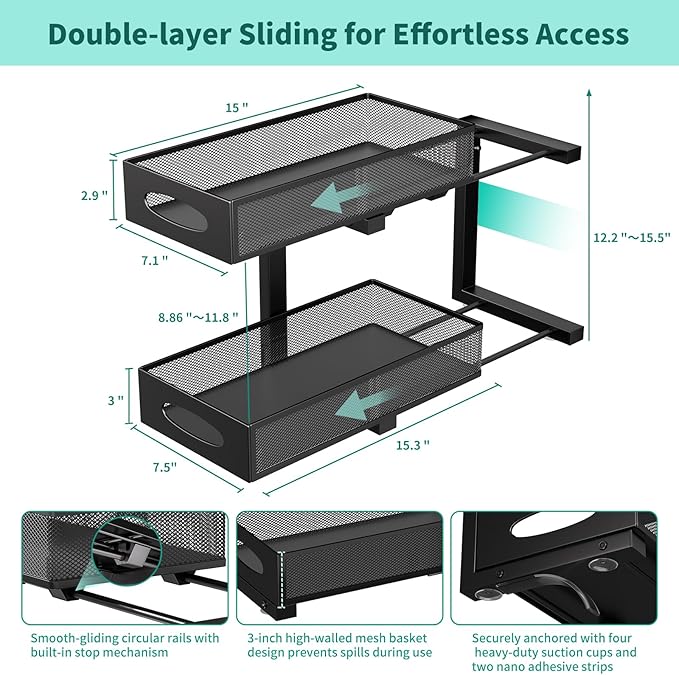 Under Sink Organizer, 2-Pack of 2-Tier Metal Slide Out Pull Out Cabinet Organizer Shelf, Height Adjustable Organization and Storage Series, Bathroom/Desktop/Cabinet/Kitchen Organization, Black