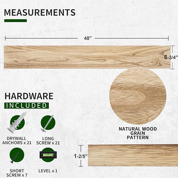 Wood Floating Shelves for Wall Set of 2, 48 Inch Wide Rustic Wooden Floating Shelves, Invisible Wall Mounted Display for Living Room Bedroom Kitchen Bathroom Office, Carbonized Black