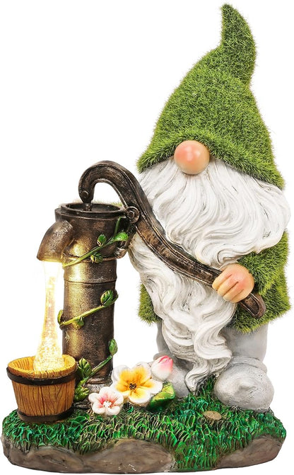 TERESA'S COLLECTIONS Garden Gnomes Decor with Solar Lights, Fathers Gifts, Green Outdoor Resin Decorations for Porch Patio, Gnome Ornaments for Dad and Mom，9"
