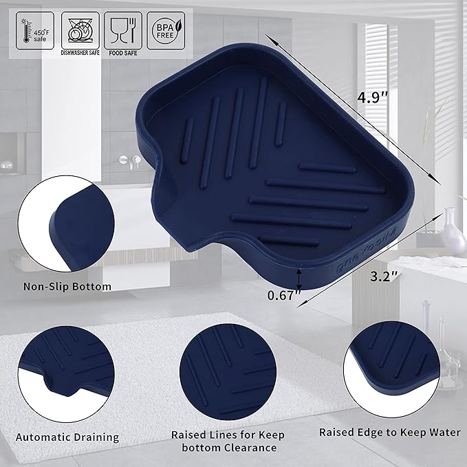 Silicone Bathroom Soap Dishes with Drain Spout-Kitchen Sink Organizer,Sponge Holder,Dish Soap Tray,Perfect for Dispenser,Scrubber,Bottle,Cup on Sink or Counter-Navy Blue 4.9"×3.2"