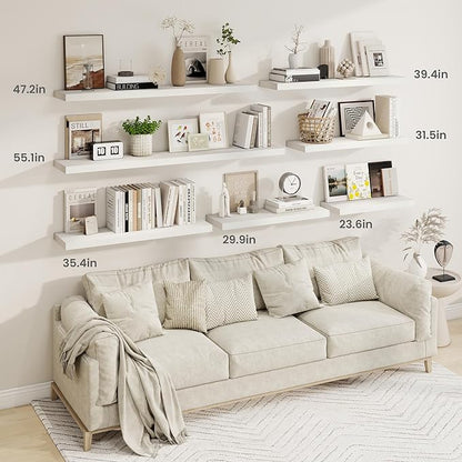 36 Inch Floating Shelves, 9.3 Inch Deep Rustic Wall Shelves - Extra Deeper Wall Mounted Storage Shelves for Bathroom, Kitchen, Living Room (White, Set of 2)