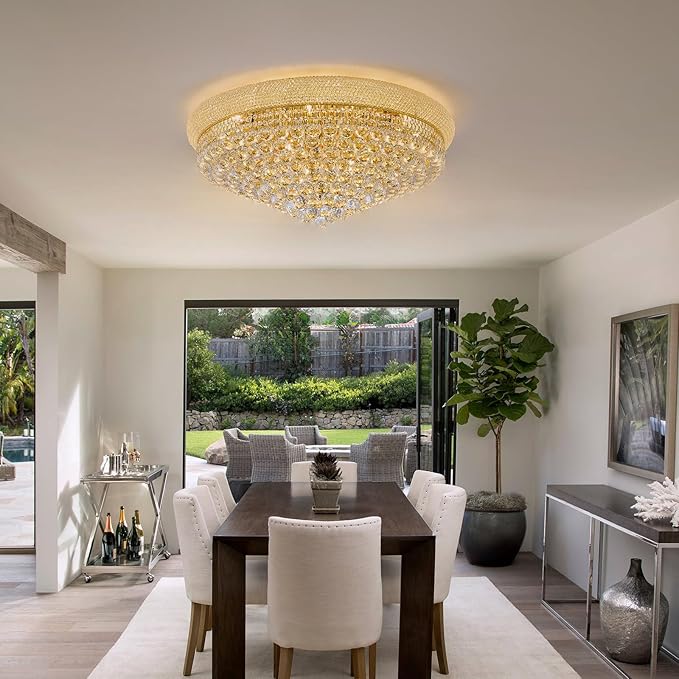 18-Light 32 inch Large Crystal Chandelier Flush Mount Ceiling Light Fixture for Living Room Dining Room Bedroom Foyer Entryway Gold Finish