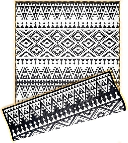 Outdoor Rug Mat with Led Strip Lights for Patio, 8x10ft Waterproof Reversible Plastic Straw Rugs, Camping Carpet Area Mats for RV, Porch, Deck, Backyard, Balcony, Camper, Black & White