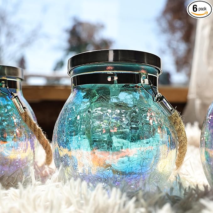 Cooo 6 Pack Solar Lantern Outdoor Waterproof Iridescent Crackle Glass with 215% Larger Solar Panel, Stainless Steel Lid – Rainbow Glass Hanging Light with Cool White LED for Garden Patio Table