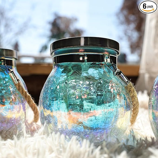 Cooo 6 Pack Solar Lantern Outdoor Waterproof Iridescent Crackle Glass with 215% Larger Solar Panel, Stainless Steel Lid – Rainbow Glass Hanging Light with Cool White LED for Garden Patio Table