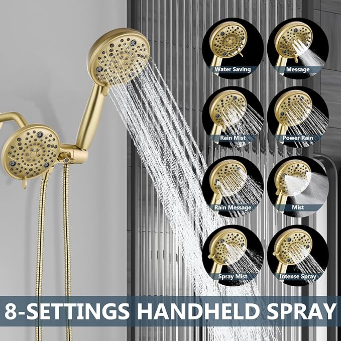 Aolemi Tub Shower Faucet Set with Tub Spout Rain Shower Head System Shower Trim Kit Pressure Rough-in Valve Included ABS 8 Setting Dual Shower Head and Handheld Spray Brushed Gold