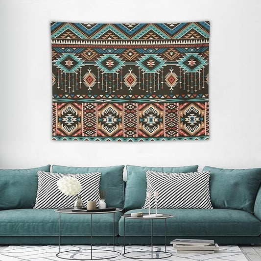 HZOHNAGO Aztec Tapestry Turquoise Blue and Brown and Native American Tribal Pattern Printed Wall Tapestry Wall Hanging for Bedroom Living Room Dorm 40" W x 30" H