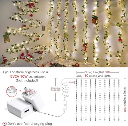 suddus Vines with Lights, 200 LED Fairy Lights with Vines, Pothos Curtain String Lights with Remote for Bedroom, Dorm, Wedding, Party, Wall, Indoor, Outdoor Decor, 6.5ft x 6.5ft