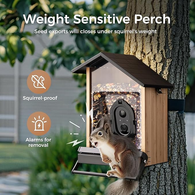 TT Nature Smart Squirrel-Proof Bird Feeder with Camera 2K, Solar Powered, AI Bird Species Recognition, Instant Notification, CCPA Data Security, Bamboo 3.2L Large Capacity, Ideal Gift
