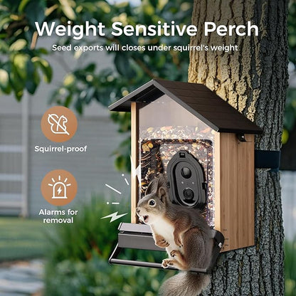 TT Nature Smart Squirrel-Proof Bird Feeder with Camera 2K, Solar Powered, AI Bird Species Recognition, Instant Notification, CCPA Data Security, Bamboo 3.2L Large Capacity, Ideal Gift