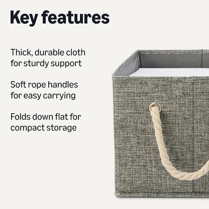 Amazon Basics Foldable Storage Bins with Rope Handles, Charcoal, Large, Pack of 3