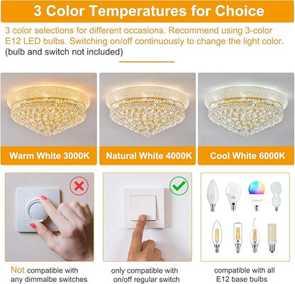 12-Light Crystal Flush Mount Chandelier Ceiling Light Fixture for Living Room Dining Room Bedroom Foyer Entryway Hallway Closet Bathroom (Gold D24)