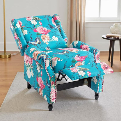 UIXE Floral Pushback Recliner Chairs Set of 2, Fabric Upholstered Armchair Push Back Accent Chair for Living Room, Rivet Trim Club Chair Home Theater Single Sofa Reading Seat - Peacock Blue