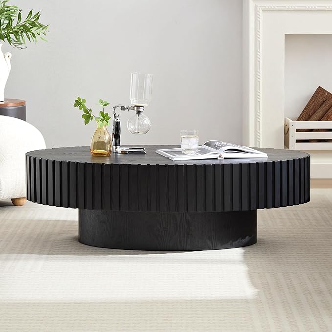 Oval Coffee Table for Living Room, Modern Fluted Coffee Tables with Pedestal Base, Handcrafted Centre Tea Tables Easy Assembly-43.7" Black