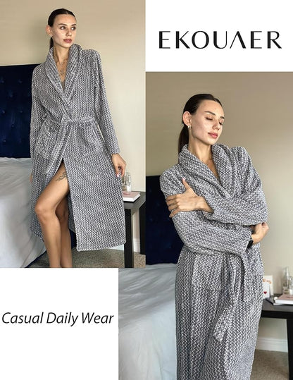 Ekouaer Women's Robe Plush Soft Long Bathrobe Cozy Warm Shawl Collar Spa Robe with Pockets