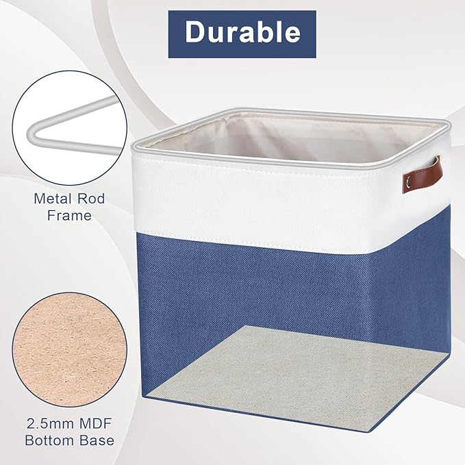 13x13 Cube Storage Bins, Collapsible Fabric Storage Box, 4 Pack Closet Baskets with Handles for Organizing, Shelf, Toys, Clothes, Home, Office, Nursery (NavyBlue&White)