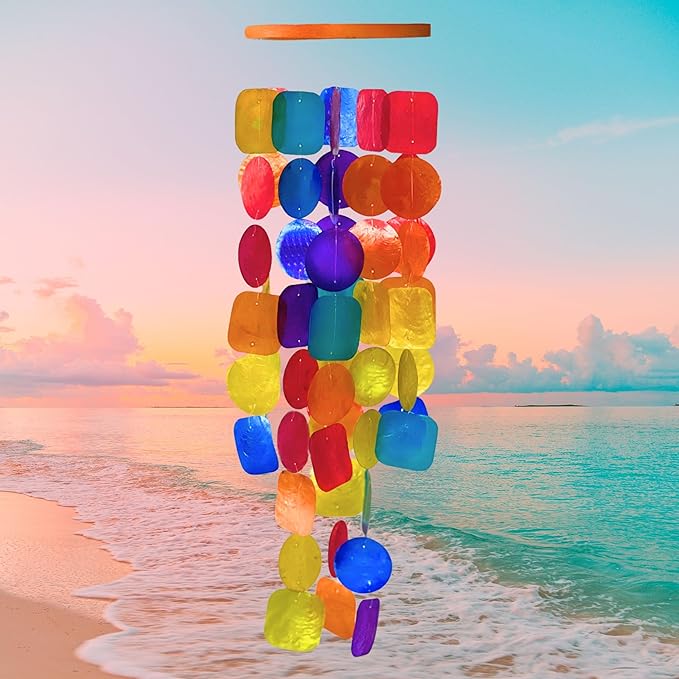 Bellaa 22890 Wind Chimes Outdoor, Garden Decorations, Musical, Indoor/Outside Windchimes, Beach, Ocean Breeze, Gifts for Mom, Gift for All Occasions, Capiz Sea Glass Shells Wood 27 inch Rainbow
