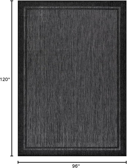 CAMILSON Indoor Outdoor Rug, 8x10 Bordered Dark Gray Black Modern Area Rugs for Indoor and Outdoor Patios, Kitchen and Hallway Mats, Washable Porch Deck Outside Carpet (Bordered Black, 8 x 10)