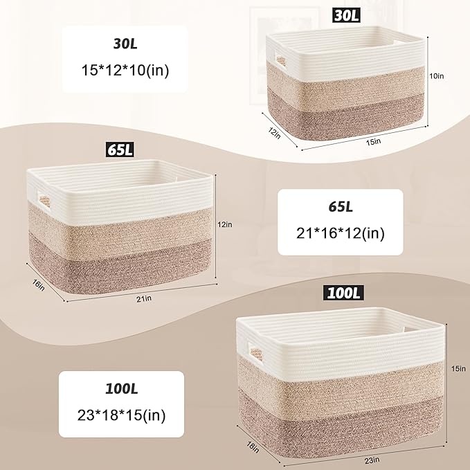 Blanket Basket,Rectangle Woven Baskets for Storage,100L Laundry Basket for Decorative Nursery Blanket,Toys,Dirty Clothes and Magazine in Shelves,Baby Room,and Living Room