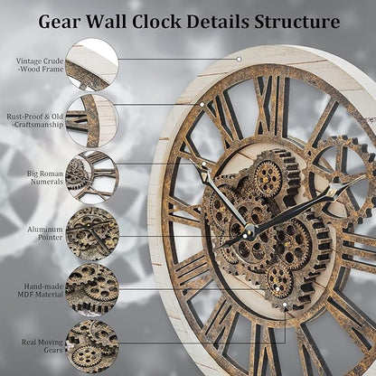 HOIBAI Wall Clock, 24 Inch Moving Gears Clock Large Wall Clock for Living Room Decor Rustic Vintage Industrial Steampunk Farmhouse Big Clock for Home Kitchen Bedroom Office