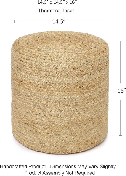 REDEARTH · Cylindrical Pouf Ottoman - Braided Pouffe Accent Sitting Round Footrest for Living Room, Bedroom, Nursery, kidsroom, Patio, Gym; 100% Jute (14.5"X14.5"X16"; Natural)