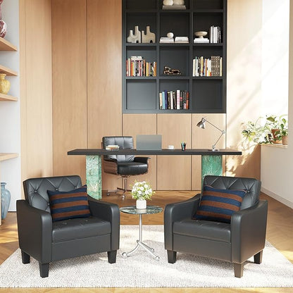 STHOUYN Living Room Chairs Black Leather Accent Chairs Set of 2, Waiting Room Arm Chairs, Reading Chairs for Bedroom Comfy Club Chair Tufted, Office Small Space (2, Black)