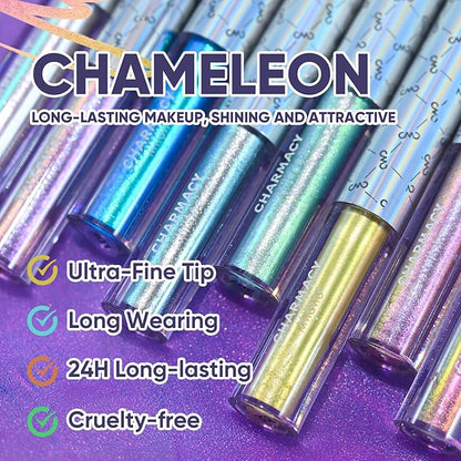 CHARMACY Chameleon Liquid Eyeliner, Liquid Glitter Eyeliner, Highly Pigmented, Metallic MultiColor Shifting waterproof Eyeliner, Ultra-Fine Tip, Longwearing, Smudge-proof (#301)