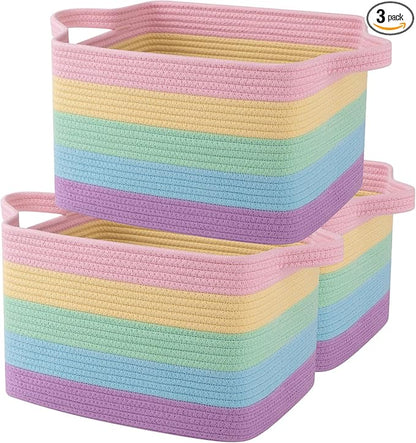 OIAHOMY Storage Basket, Woven Baskets for Storage, Cotton Rope Basket for toys,Towel Baskets for Bathroom - Pack of 3, Rainbow Pastel