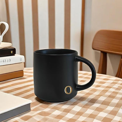 COLLECTIVE HOME - Black Monogram Ceramic Mugs, 15 oz Golden Initial Coffee Cups, Elegant Alphabet Tea Mugs, Personalized Halloween Mug with Gift Box, Perfect for Office and Home Décor (o)