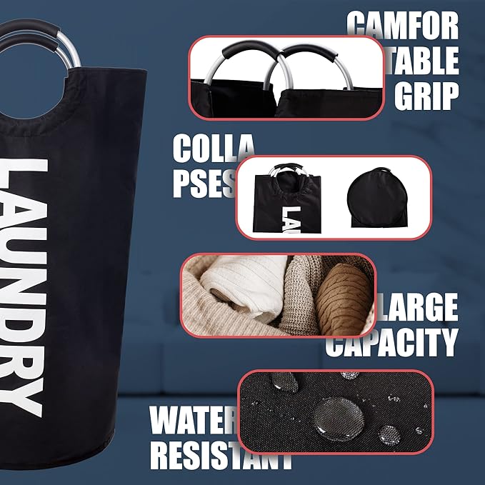 Caroeas 100L Laundry Basket,Large Laundry Hamper, Laundry Bag with Padded Handles, Clothes Hamper Stands Up Well, Collapsible Free Standing Easy Storage Washing Bin (Black,100L)